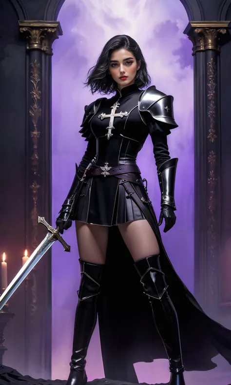 (full body:1.6)
a woman in a gray and black outfit holding a sword and a cross on his chest, with a violet background, Cedric Peyravernay, mars ravelo and greg rutkowski, a character portrait, antipodeans
((best quality)), ((masterpiece)), detailed soft oi...