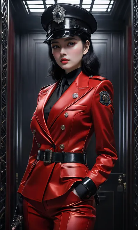 a close up of a woman in a red leather suit and hat