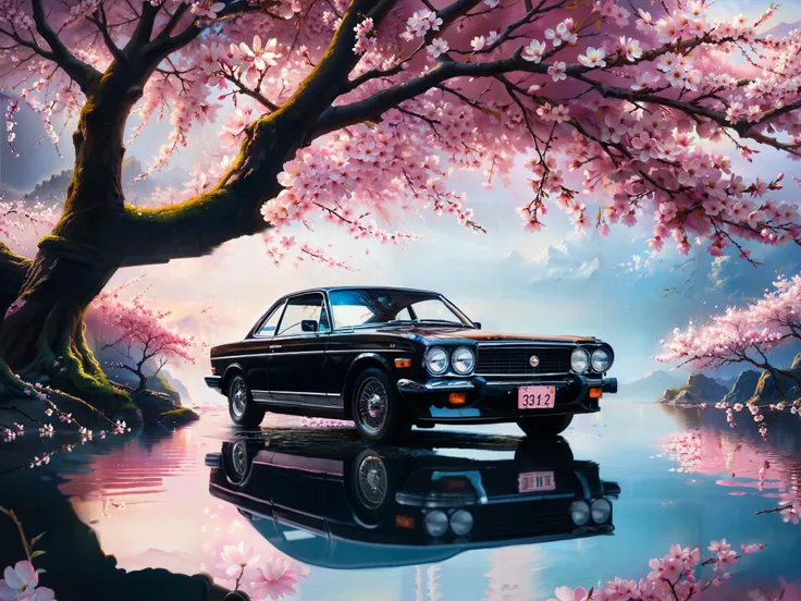 a black japanse car parked in front of a tree with pink flowers on its branches and a reflection in the water, Ai-Mitsu, anime visual, computer graphics, fine art
((best quality)), ((masterpiece)), detailed soft oil painting, detailed background, dramatic ...