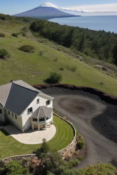 house sitting on cliffside, lava running from volcano in background