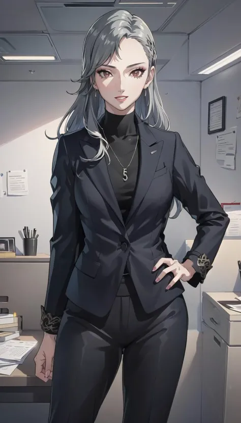 ((masterpiece)), (best quality), (ultra-detailed), best artist, realistic, 4k wallpaper, detailed face, 1girl, (sexy), ((SaeP5, P5CL)), (jacket, office outfit:1.4), (silver hair), (makeup, parted lips, seductive smiling), (mature adult:1.5), standing, cowb...