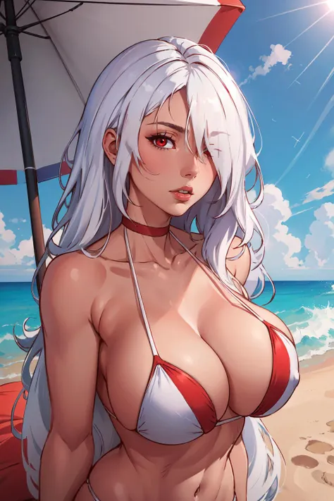 (masterpiece,best quality,absurdres,beautiful,aesthetic,detailed),outside,sunlight,beach,pkrnd, hair over one eye,red eyes, long hair, white hair,bikini <lora:pk-gfl-richy-v1:0.9>