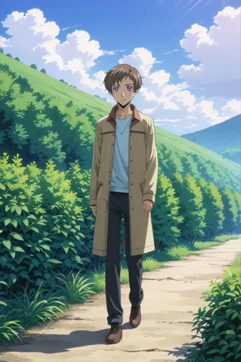 a man in a trench coat walking down a path