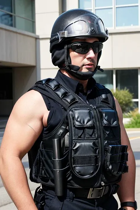 arafed man in a black vest and helmet standing on the street