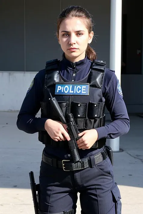 arafed female police officer standing in front of a building