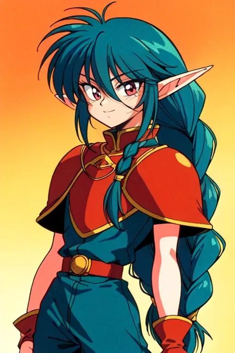 a woman with long hair and blue hair wearing a red and blue outfit