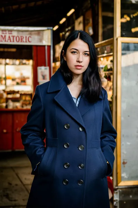 A stunning intricate full color portrait of  a 20 year old woman,wearing  a navy blue coat, jammed flea market, treasure hunting, shy,epic character composition,by ilya kuvshinov, alessio albi, nina masic,sharp focus, subsurface scattering, f2, 35mm, film ...