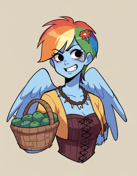 a cartoon drawing of a woman with a basket of fruit