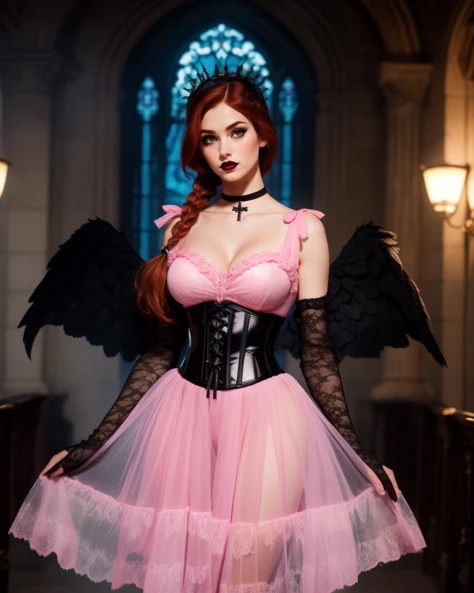 a woman in a pink dress and black wings posing for a picture