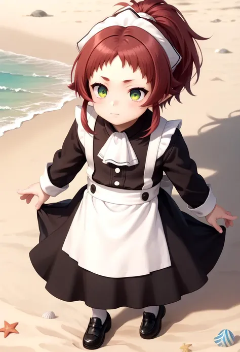 score_9, score_8_up, score_7_up, detailed eyes,beach, BREAK
 <lora:aisha-greyrat_small_PONY_epoch-000020:1> aisha greyrat, || green eyes,red hair,ponytail,maid dress,long sleeves,(white pantyhose:0.8), black footwear