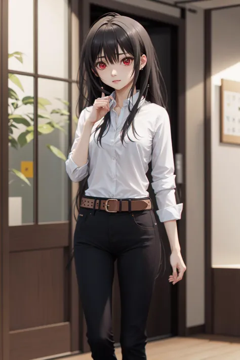 absurdres, best quality, 1girl, solo, <lora:kaoruko-000010:0.7>, nanahara kaoruko, red eyes, wbCasual,white shirt,black pants,belt