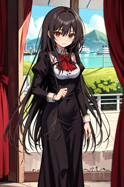 absurdres, best quality, 1girl, solo, <lora:kaoruko-000010:0.7>, nanahara kaoruko, red eyes, rbUniform,black dress,red bow,long dress,long sleeves