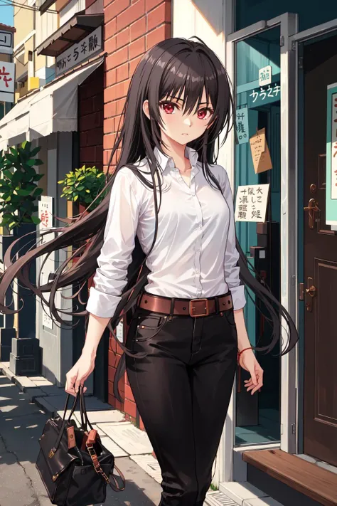 absurdres, best quality, 1girl, solo, <lora:kaoruko-000010:0.7>, nanahara kaoruko, red eyes, wbCasual,white shirt,black pants,belt