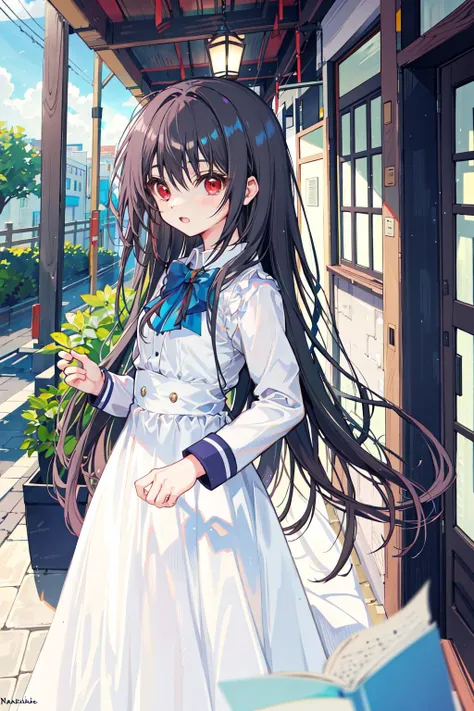 absurdres, best quality, 1girl, solo, <lora:kaoruko-000010:0.7>, nanahara kaoruko, red eyes, bwUniform,white dress,blue bow,long dress,long sleeves