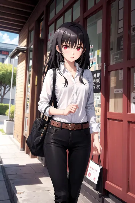 absurdres, best quality, 1girl, solo, <lora:kaoruko-000010:0.7>, nanahara kaoruko, red eyes, wbCasual,white shirt,black pants,belt