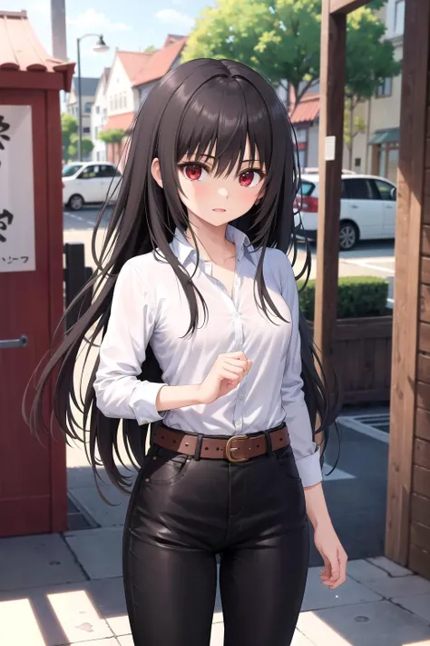 absurdres, best quality, 1girl, solo, <lora:kaoruko-000010:0.7>, nanahara kaoruko, red eyes, wbCasual,white shirt,black pants,belt