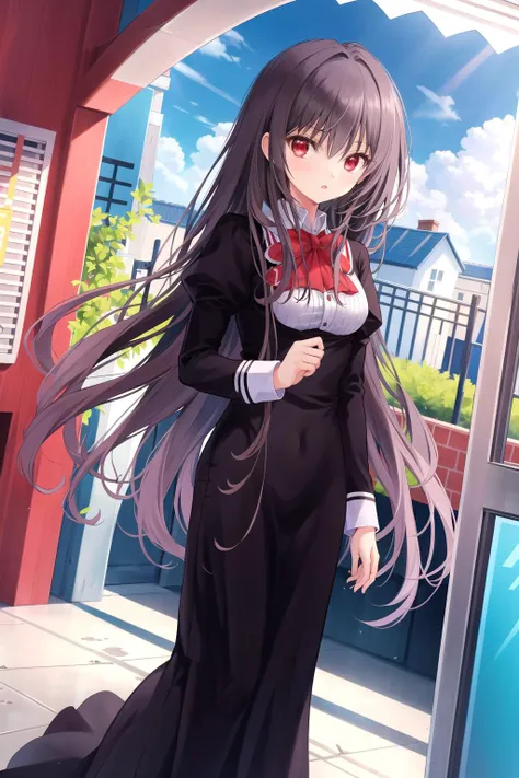 absurdres, best quality, 1girl, solo, <lora:kaoruko-000010:0.7>, nanahara kaoruko, red eyes, rbUniform,black dress,red bow,long dress,long sleeves