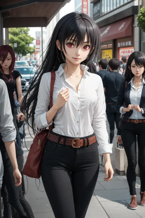 absurdres, best quality, 1girl, solo, <lora:kaoruko-000010:0.7>, nanahara kaoruko, red eyes, wbCasual,white shirt,black pants,belt