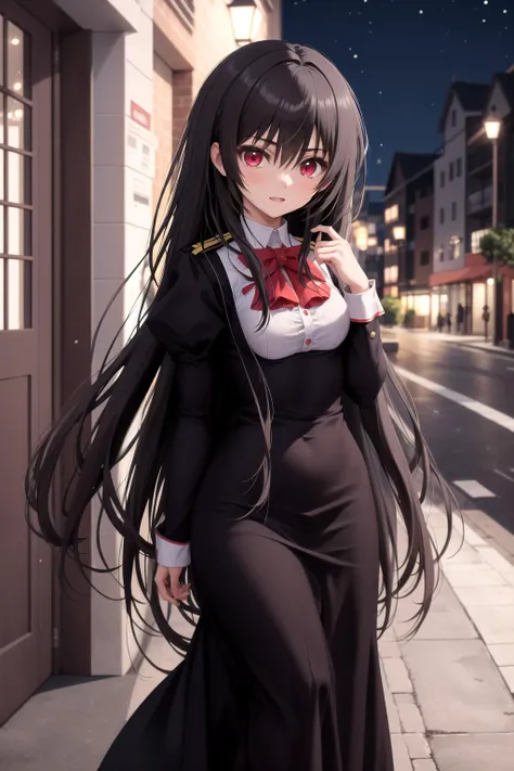 absurdres, best quality, 1girl, solo, <lora:kaoruko-000010:0.7>, nanahara kaoruko, red eyes, rbUniform,black dress,red bow,long dress,long sleeves