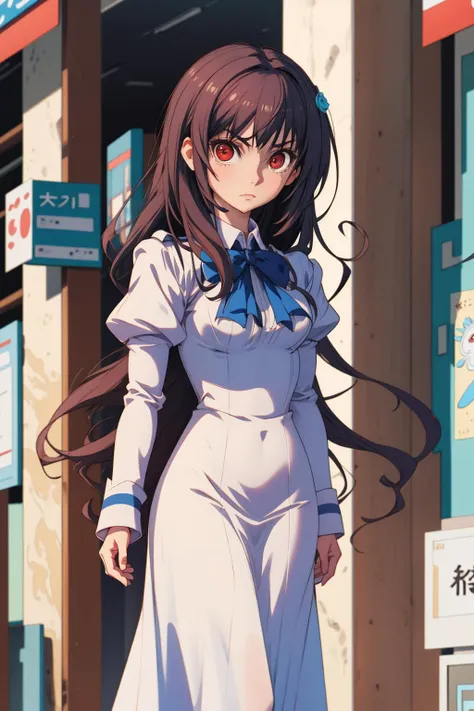 absurdres, best quality, 1girl, solo, <lora:kaoruko-000010:0.7>, nanahara kaoruko, red eyes, bwUniform,white dress,blue bow,long dress,long sleeves