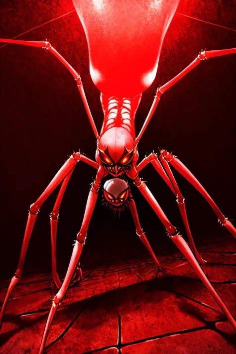 woman with eight spider legs and spider eyes. horrific, disturbing. living in a dark basement. red glow. volumetric light.