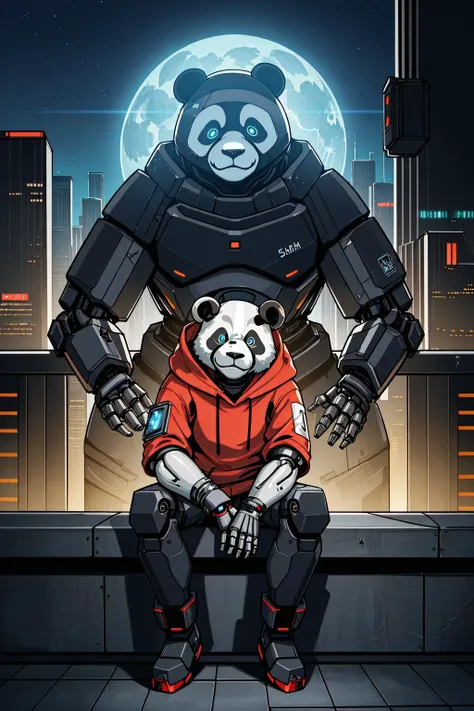 (masterpiece:1.1), (best quality:1.1), highres, highly detailed, (a cyborg anthropomorphic giant panda male furry is siting solo on bench with hand in pocket, He has fluffy animal head, mechanical arms and hands, mechanical legs and boots, He wears a short...