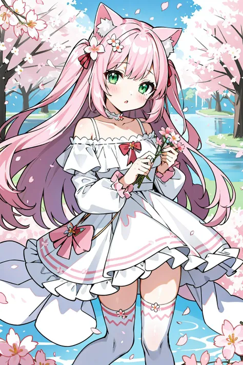 1girl, solo, pink hair, animal ears, long hair, green eyes, dress, flower, holding, white dress, thighhighs, looking at viewer, bangs, white thighhighs, long sleeves, bare shoulders, no panties, cherry blossoms, animal ear fluff, blush, water drop, hair or...