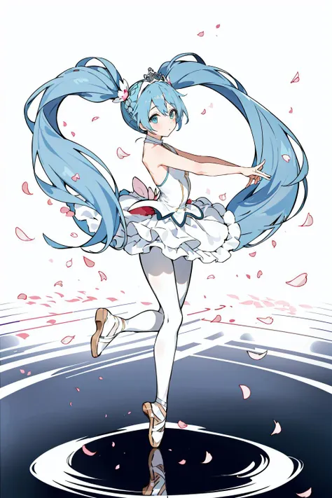 ballerina, ballet, 1girl, ballet slippers, tutu, long hair, solo, pantyhose, very long hair, hatsune miku, white pantyhose, dancing, dress, twintails, breasts, leotard, ponytail, full body, blue hair, tiptoes, tiara, bare shoulders, hair ornament, petals, ...