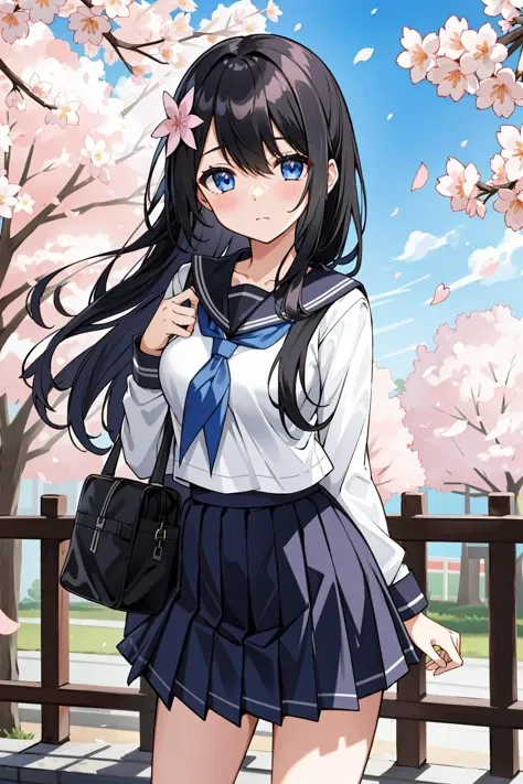 1girl, skirt, solo, school uniform, bag, cherry blossoms, blue eyes, long hair, blush, outdoors, pleated skirt, breasts, black hair, serafuku, school bag, long sleeves, bangs, petals, sailor collar, shirt, hair ornament, looking at viewer, tree, white shir...