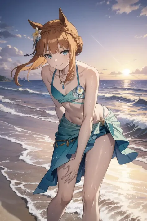 best quality,
1girl, solo,
dusk, purple sky,, looking at viewer, (bent over:1.3),
beach, sea, wave, horizon, wet, ,  smile,  wind,
<lora:silence_suzuka_v1:0.7>ddsuzuka, braid, animal ears, hair flower, horse tail, necklace, collarbone, swimsuit, bikini, sa...