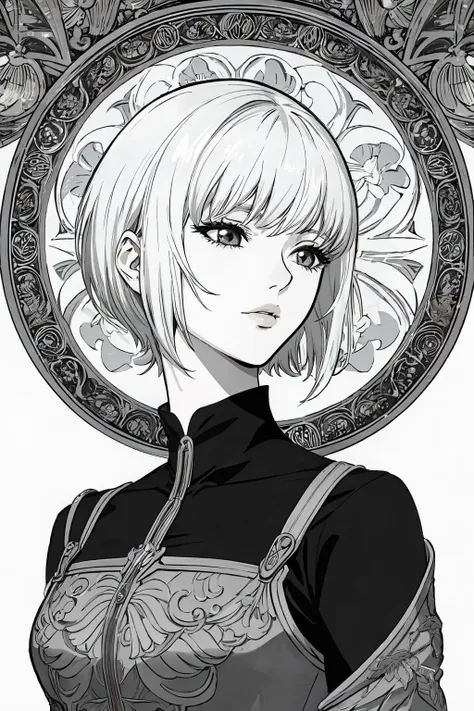 ultra realistic, 8k, intrincate details, outline linework, 1girl, short hair, manga, Berserk, Art Nouveau,