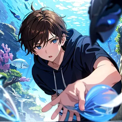 masterpiece, 1boy, best quality, short hair, brown hair, blue eyes, hoodie, gradient eyes, depth of field, aquarium