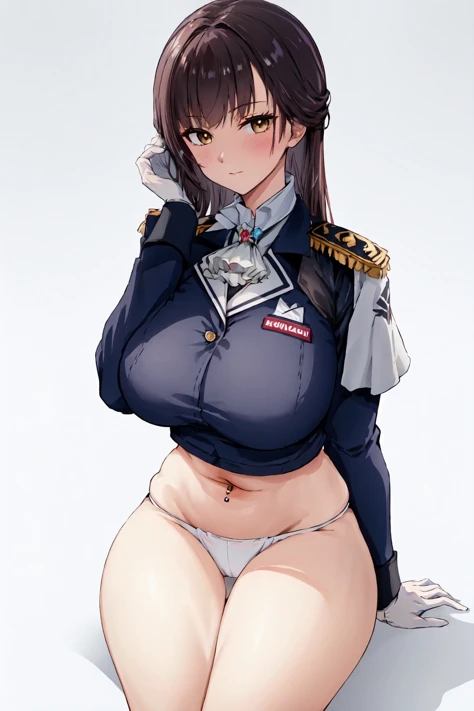 1girl, solo, long hair, looking at viewer, blush, large breasts, brown hair, gloves, long sleeves, white background, navel, brown eyes, sitting, closed mouth, underwear, panties, white gloves, white panties, uniform, arm up, military, ascot, military unifo...