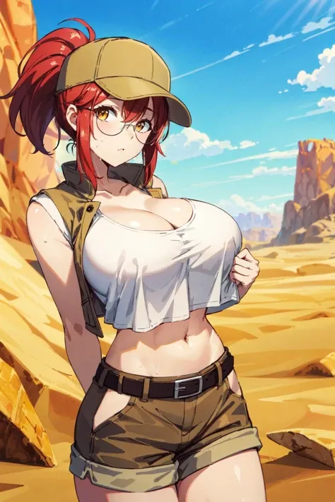 (masterpiece, best quality), official art, 8k, ultra detailed, one girl, FioDef, solo, glowing skin, sweat, red hair, ponytail, (huge breasts), cleavage, navel, origan cloth, hat, baseball cap, glasses, crop top, tank top, vest, short shorts, brown shorts,...