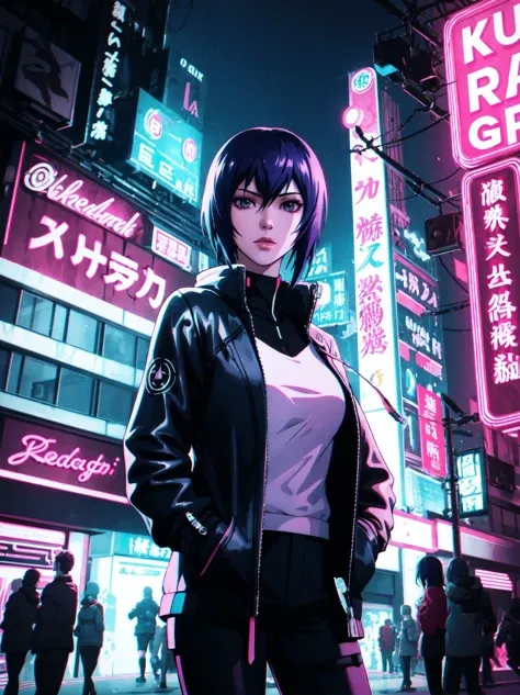 1girl,kusanagi motoko,ghost in the shell,science fiction,(neon lights:1.3),chromatic aberration,(cyberpunk:1.22),<lora:cyberpunk-v1.5-nai-9ep-resize:0.8>