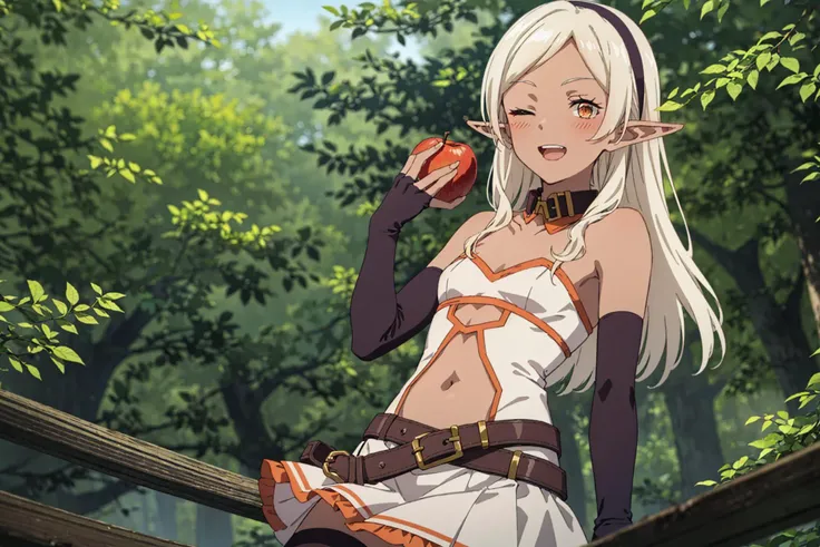 masterpiece, best quality, 1girl, solo,
forest, holding, holding fruit, apple, 
<lora:chara_IsekaiNonbiriNouka_Yu_v1:0.8>, yu, yu_(isekai_nonbiri_nouka), orange eyes, tsurime, eyelashes, blonde hair, white hair, long hair, straight hair, swept bangs, sidel...