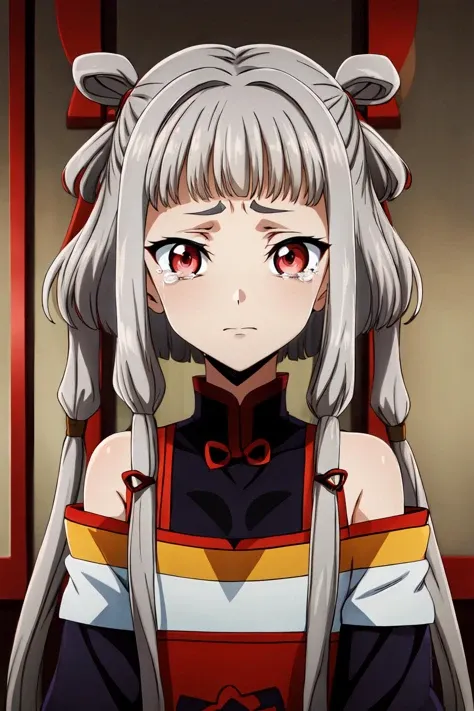 (masterpiece, best quality:1.2), highres, anime screencap, anime coloring, 1girl, solo, tears, sad,
Tianzi_V2, grey hair, long hair, sidelocks, blunt bangs, hair tubes, quad tails, hair rings, hair ornament, red eyes,
chinese clothes, dress, bare shoulders...