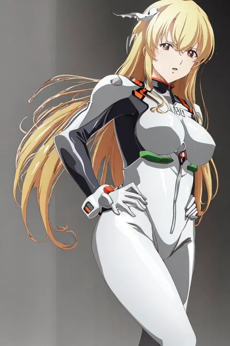 ((high resolution, masterpiece, high quality)), perfect face, <lora:edgPlugsuitCosplay:1.1> wearing edgplugsuit bodysuit, extremely glossy, large breasts, hands on hips <lora:LanaLG2:.8>, Lana, long blonde hair, (wing-like hairpiece)