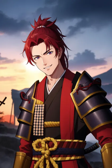 (high quality, best quality, sharp focus:1.2), (digital age greece, greek:1), (adult man, 1boy, solo, smiling:1.1), (samurai, samurai armor:1.1), (multicolored_eyes:1), (red_hair, long_hair, low_ponytail:1), (slender body:1), (gate to underworld:1.1), deta...