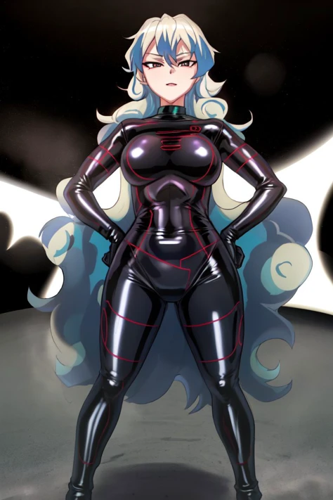 high resolution, masterpiece, high quality, perfect face,  <lora:nia_v2a:.8>, (antispiralnia, latex bodysuit), blackpatterned bodysuit, large breasts, ((extremely glossy)), glare, outer space, two-tone hair, hands on hips <lora:kilyeV1:.7>