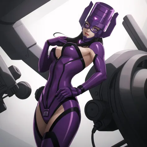 MARVEL_Galacta_daughterofgalactus_ownwaifu,Galacta,purple outfit,purple cosplay,v,picture pose,slight smile,face mask,glowing jewel,cyberpunk technology,
1girl,long hair,black hair,purple eyes,lips,nose,makeup,lipstick,giantess,glowing,glowing eyes,breasts...