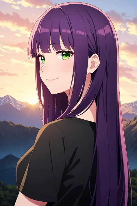 a girl with long purple hair and green eyes stands in front of a mountain