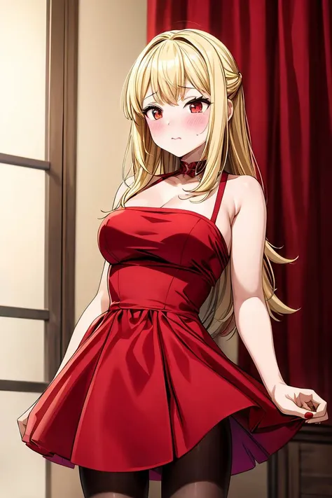 (masterpiece, best quality), 1girl, blonde hair, red dress, pantyhose, cute face, blush, <lora:add_detail:1>