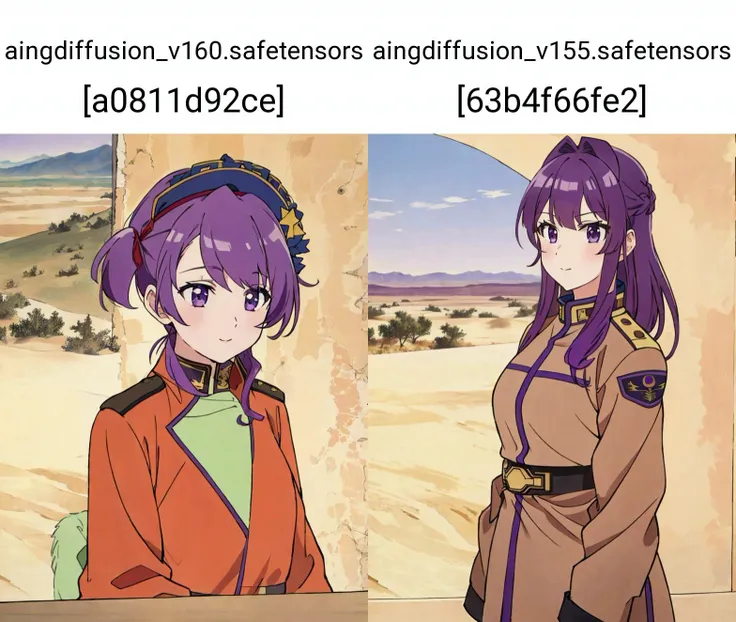 masterpiece, best quality,
vivid colors,
1girl, (solo)
("  ")
purple hair,
"        "
medium hair
military uniform
desert
"         "  
<lora:xrs2.0:0.8>