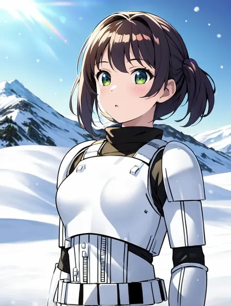 a woman in a white uniform standing in the snow