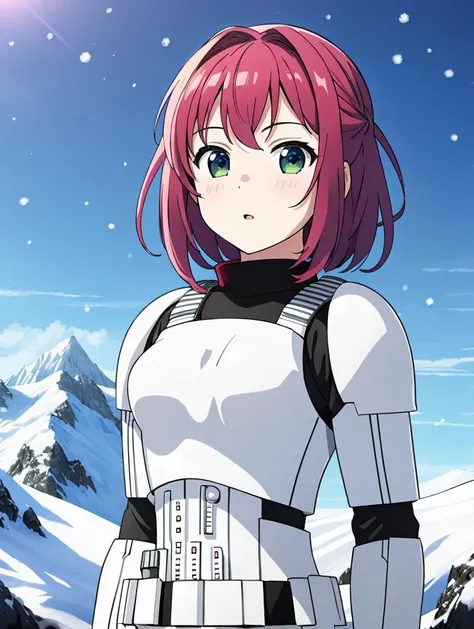 a woman in a white and black outfit standing in front of a mountain