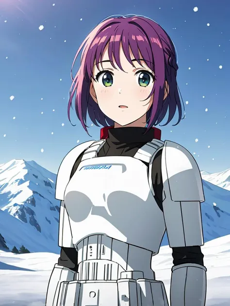 a close up of a person in a uniform standing in the snow