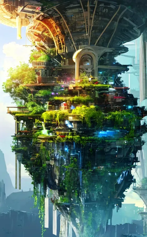 smooth 3d render ([style of Ilya Kuvshinov|style of Kim Keever|style of Mandy Jurgens|style of Anna Dittmann]:0.3), A woman in a futuristic utopia, where nature and technology are intertwined, practices botanical engineering, creating floating gardens and ...