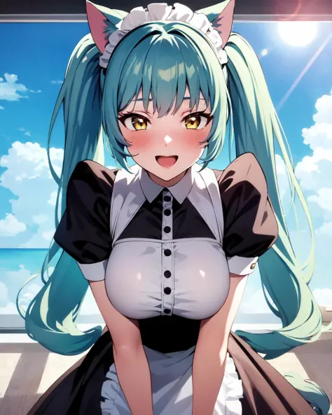 (masterpiece, best quality, high resolution, perfect anatomy, good anatomy:1.2), 1girl, solo, <lora:nikke-privaty:1> privaty (nikke), cyan hair, long hair, twintails, blush, happy eyes, cat ears, -w-, paw, maid dress, maid apron, (maid:1.2), 
tyndall effec...