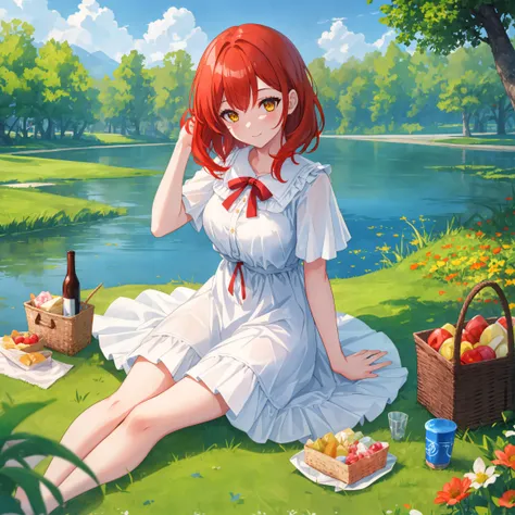 1Girl, mature, American, redhead, medium hair, yellow eyes, sitting on a picnic blanket near a lake, elegant summer dress, happy, grass, tree, lake, clouds, highest quality, highly detailed, 4K, 8K, UHD,